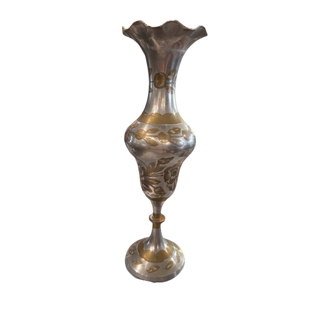Stunning Brass Vase Engraved Floral Etched 10" Tall
